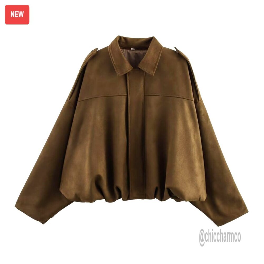Oversized Faux Suede Bomber Jacket Lapel Streetwear Chic Casual Outerwear - Picture 1 of 7